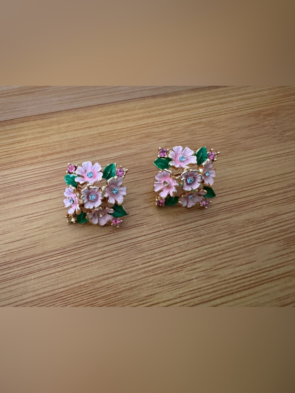 Clip On Pink Floral Cluster Earrings with Green Leaves - Elegant Women's Jewelry